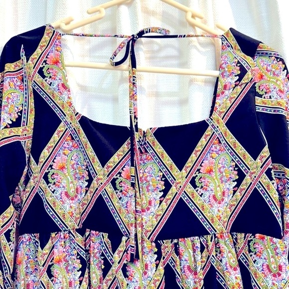 Women’s Sage Boho Argyle Floral Pattern Polyester Baby Doll Smock Dress Size M - Picture 8 of 9